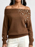 Women's Solid Color Off-shoulder Long-sleeved Casual Loose Beaded And Rhinestone Knit Top