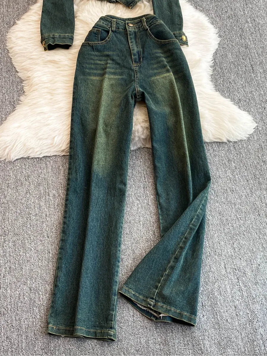 Vintage-style Ruffled Denim Top And Pants Two-piece Set