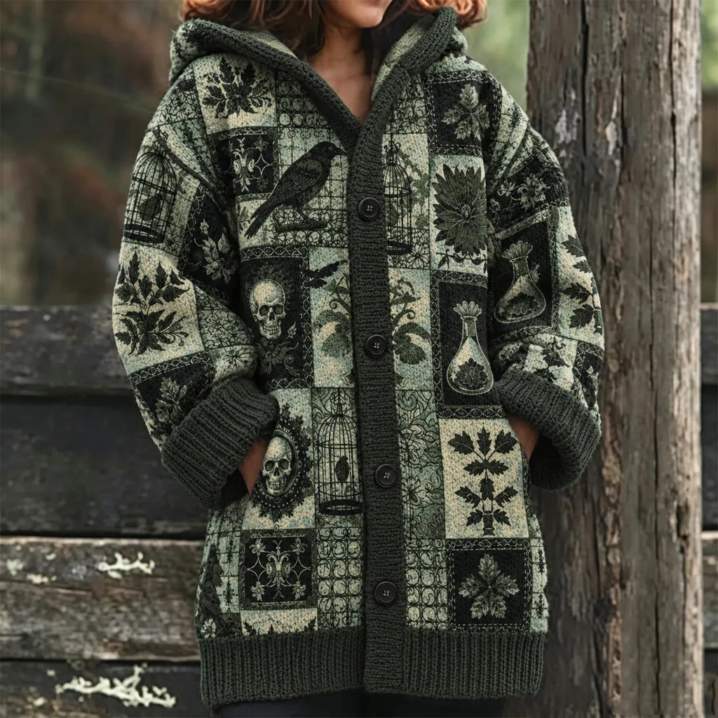 Women's Vintage Halloween Raven And Skull Knit Cardigan