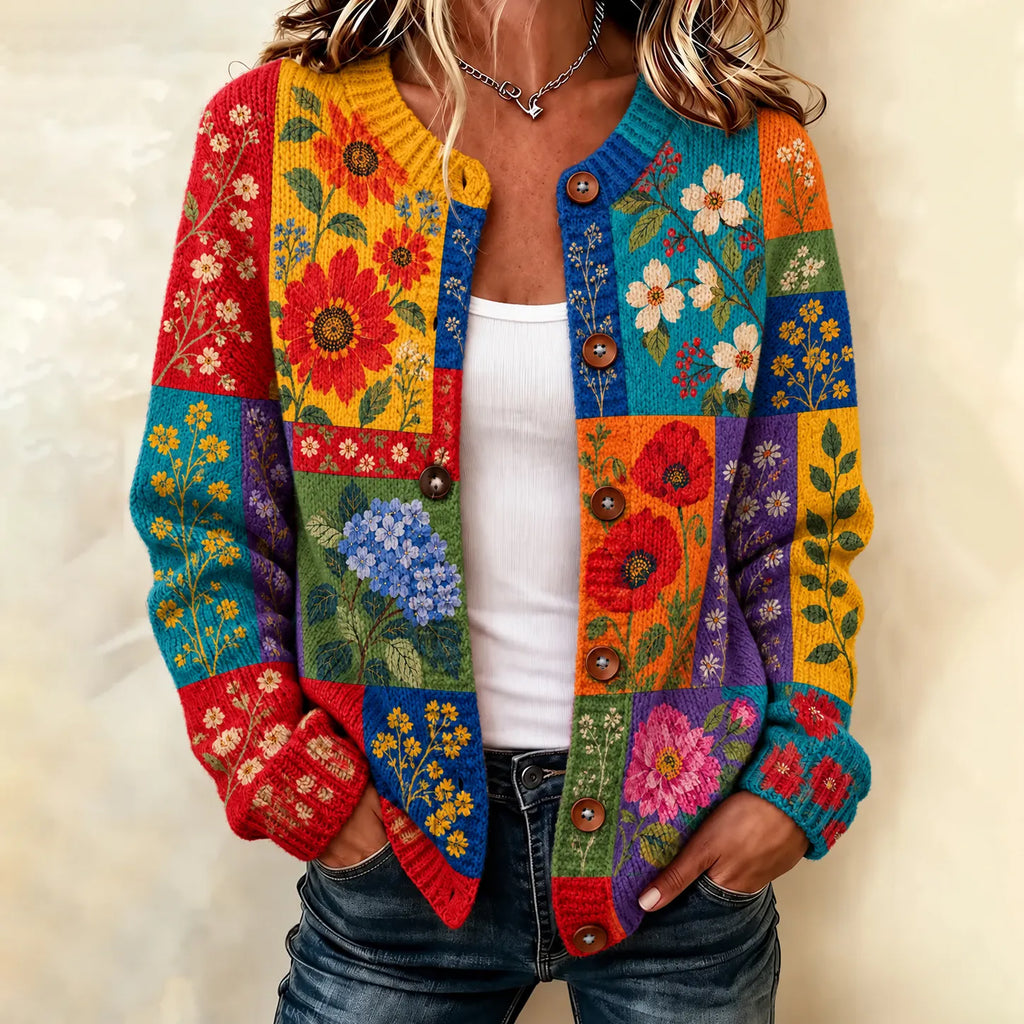 Women's Retro Colorful Floral Pattern Art Casual Knit Cardigan