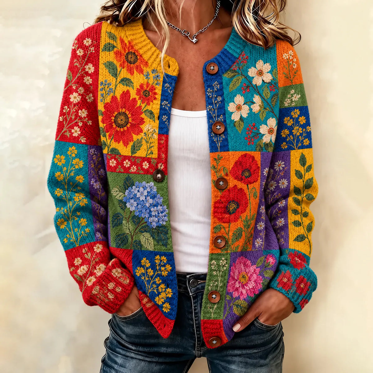 Women's Retro Colorful Floral Pattern Art Casual Knit Cardigan