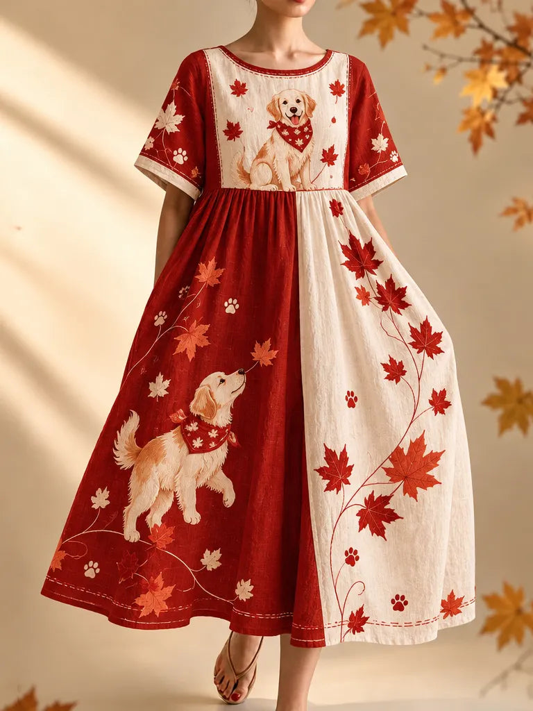 Women's Maple Leaf Dog Color Block Print Round Neck Short Sleeve Dress