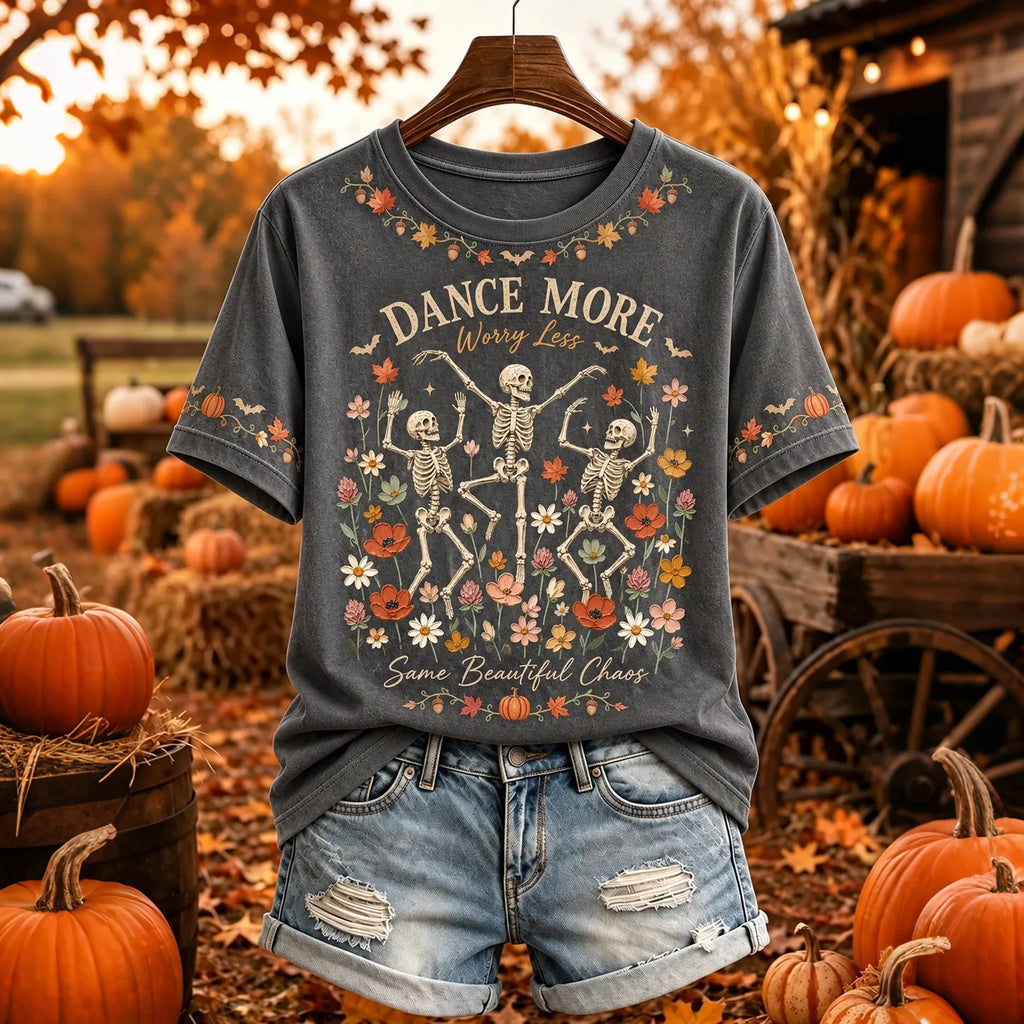 Women's Vintage Halloween Fall Dancing Skeleton Print Crew Neck Short Sleeve T-shirt