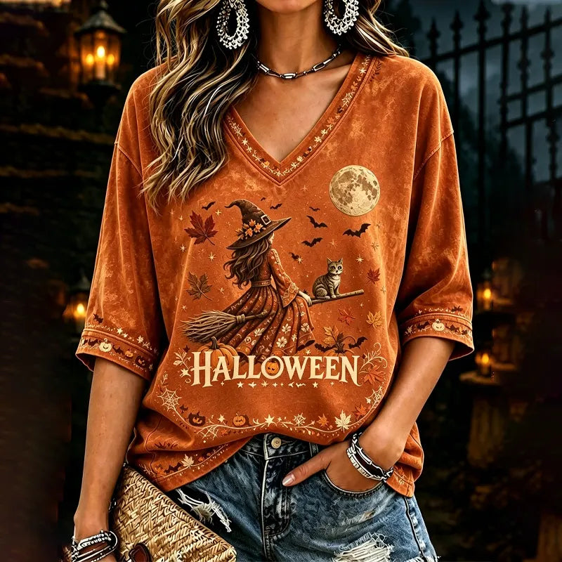 Women's Halloween Witch Short-sleeve Top With A Broom And A Cat