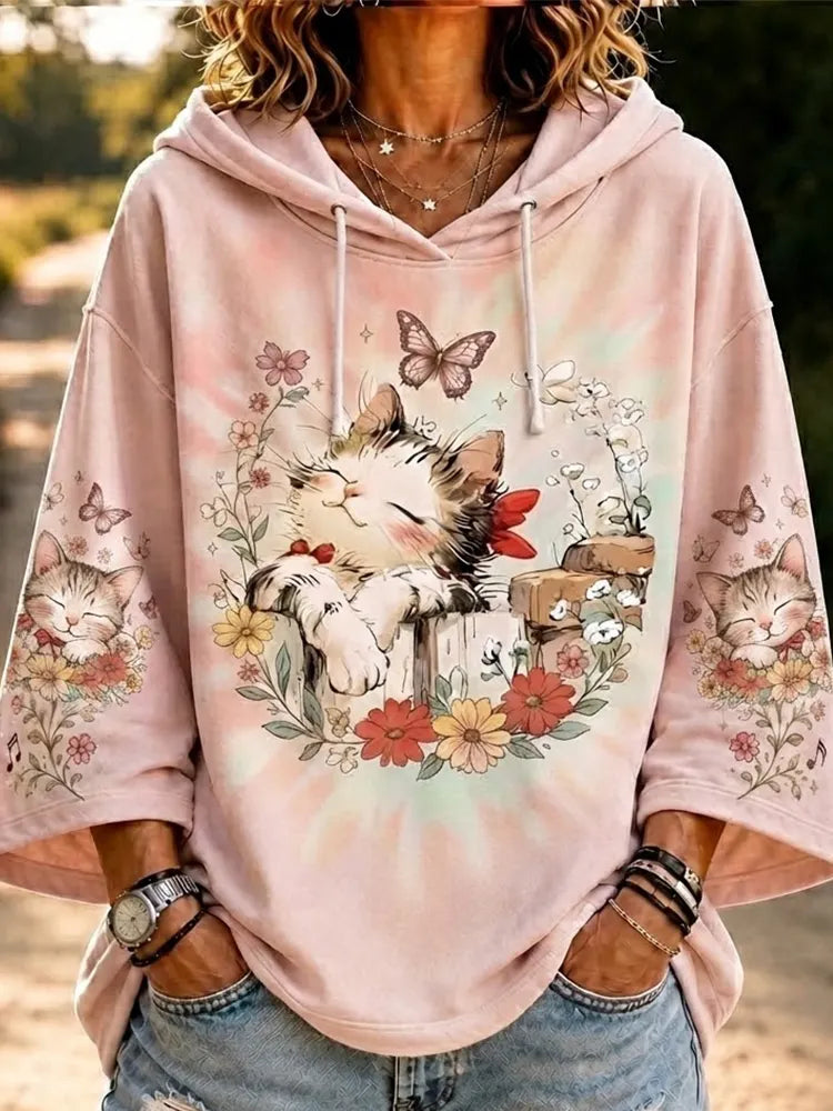 Women's Casual Tie-dye Pullover Hoodie In Pink With Sleeping Kitten, Floral Wreath, And Butterfly Print