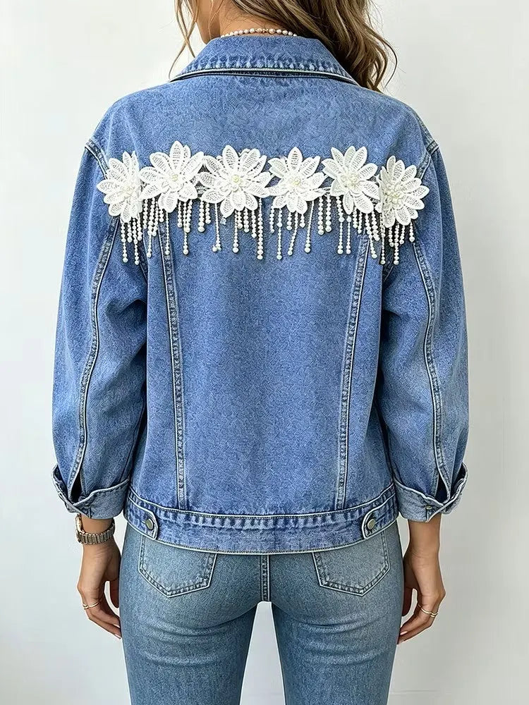 Chic Casual Denim Jacket With 3d Floral Appliqué And Tassels