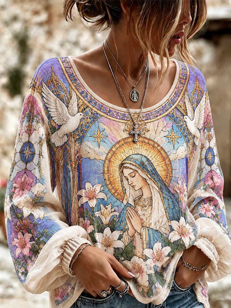 Women's Blessed Virgin Mary Dove Stained Glass Long-sleeve Top