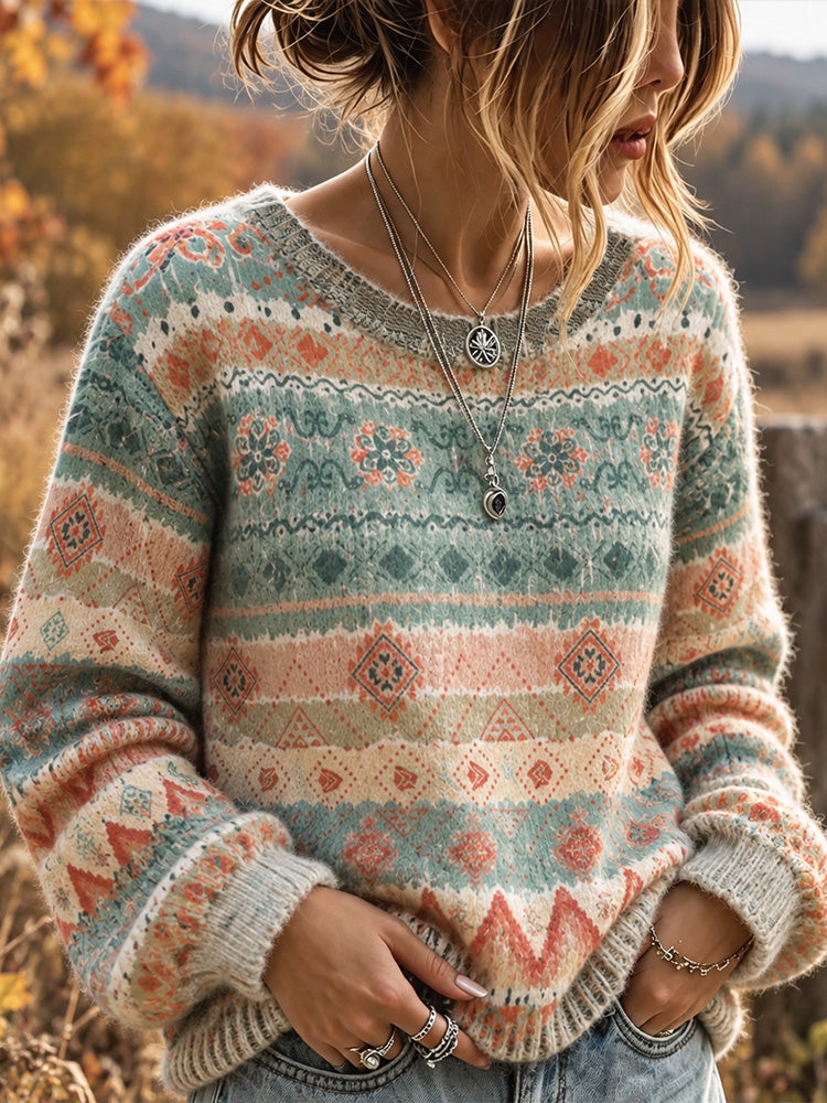 Women's Fair Isle Pattern Abstract Design Art Knit Warm Crew Neck Sweater