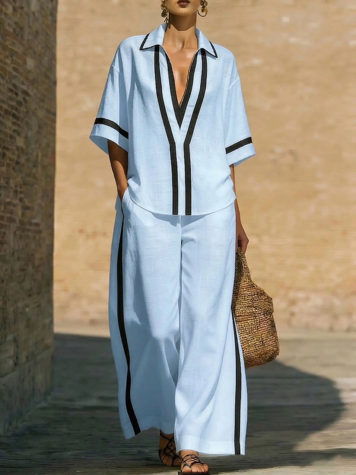 Stylish Trimmed Edge Color-blocked Cotton Linen Two-piece Set