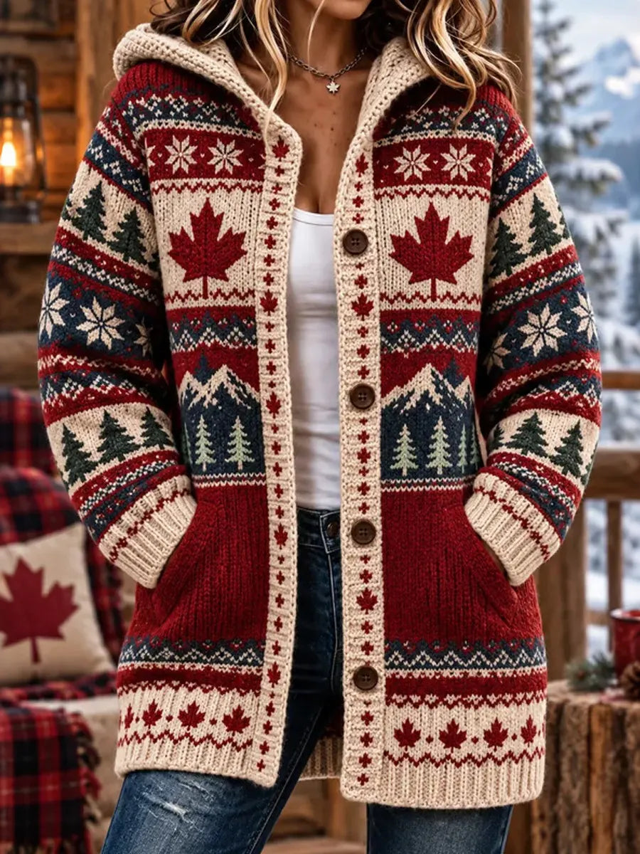 Women's Vintage Maple Leaf Pattern Print Knit Hooded Cardigan