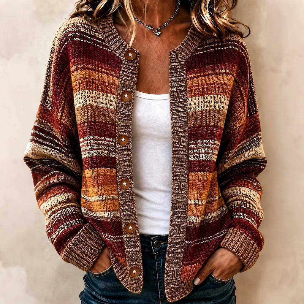 Women's Bohemian Retro Striped Art Print Knit Button Cardigan