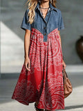 Bohemian Patchwork Paisley Print Cotton Denim Dress