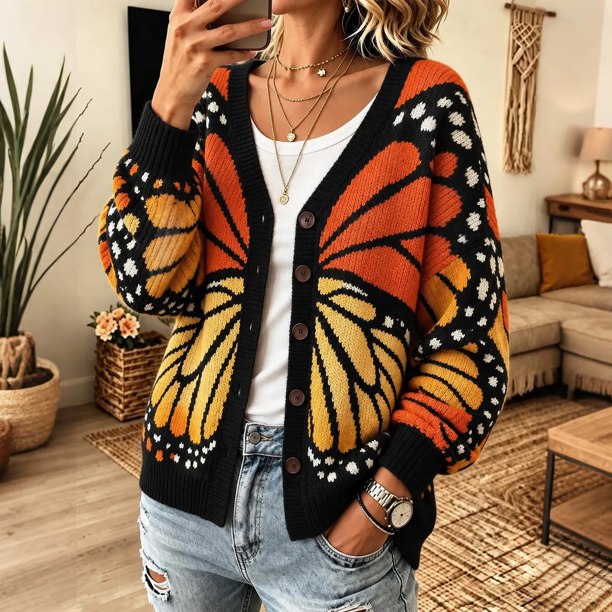 Women's Vintage Fall Butterfly Graphic Art Art Print Knit Cardigan