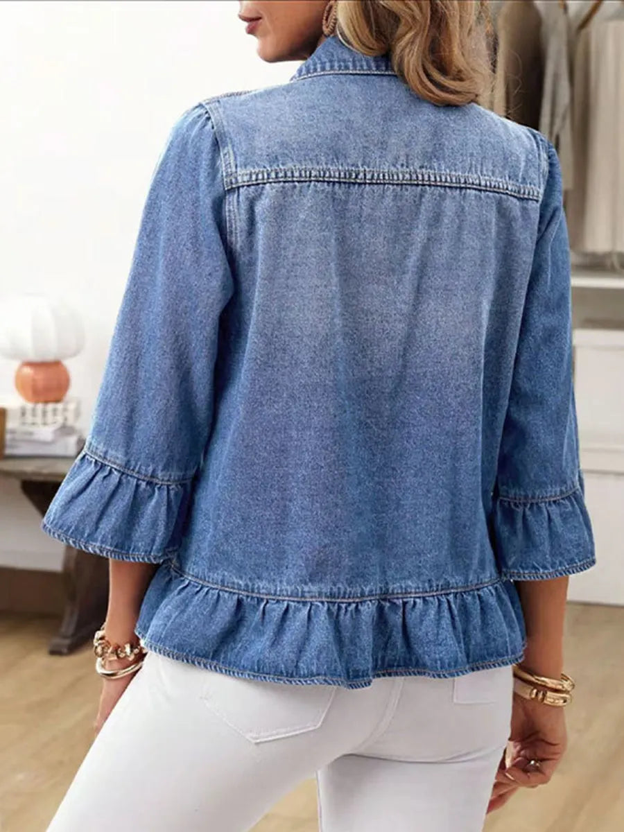 Chic Ruffled Hem Peplum Denim Jacket