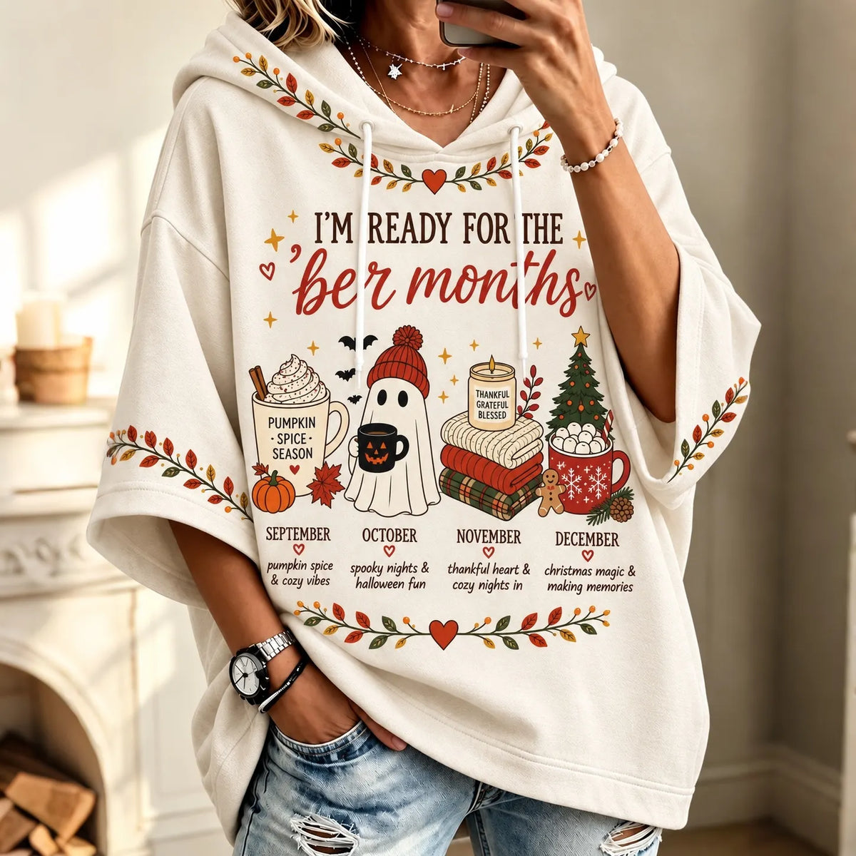 Women's I'm Ready For The 'ber Months Print Half Sleeve Casual Hoodie