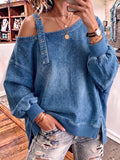 Edgy  sloping shoulders Denim-Wash Buckle Top