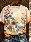 Women's Casual Short-sleeve T-shirt - Mediterranean Village & Persimmon Tree Watercolor Print