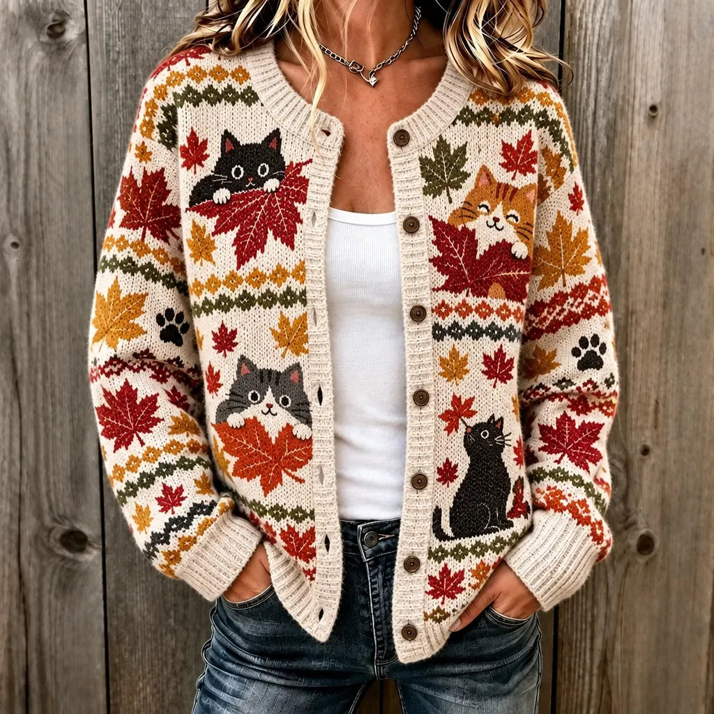 Women's Maple Leaf Black Cat Paw Print Crew Neck Cardigan