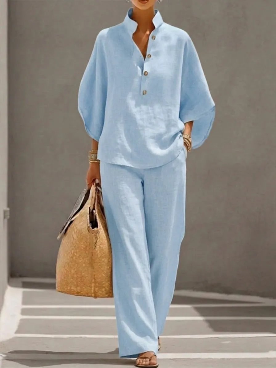 🔥 49% OFF🔥Women's Batwing Sleeve Linen Cotton Two-Piece Set – Casual Shirt & Wide Leg Pants Outfit - Khaki / S / Only 8 In Stock🚨Sale ends in 2 days⚡