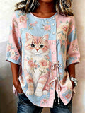 🐾 Buy 3 Save 10%🐱Women's Denim Cat Portrait Patchwork Art Print Casual Top💛100% For Shelter Pets🐱🐶