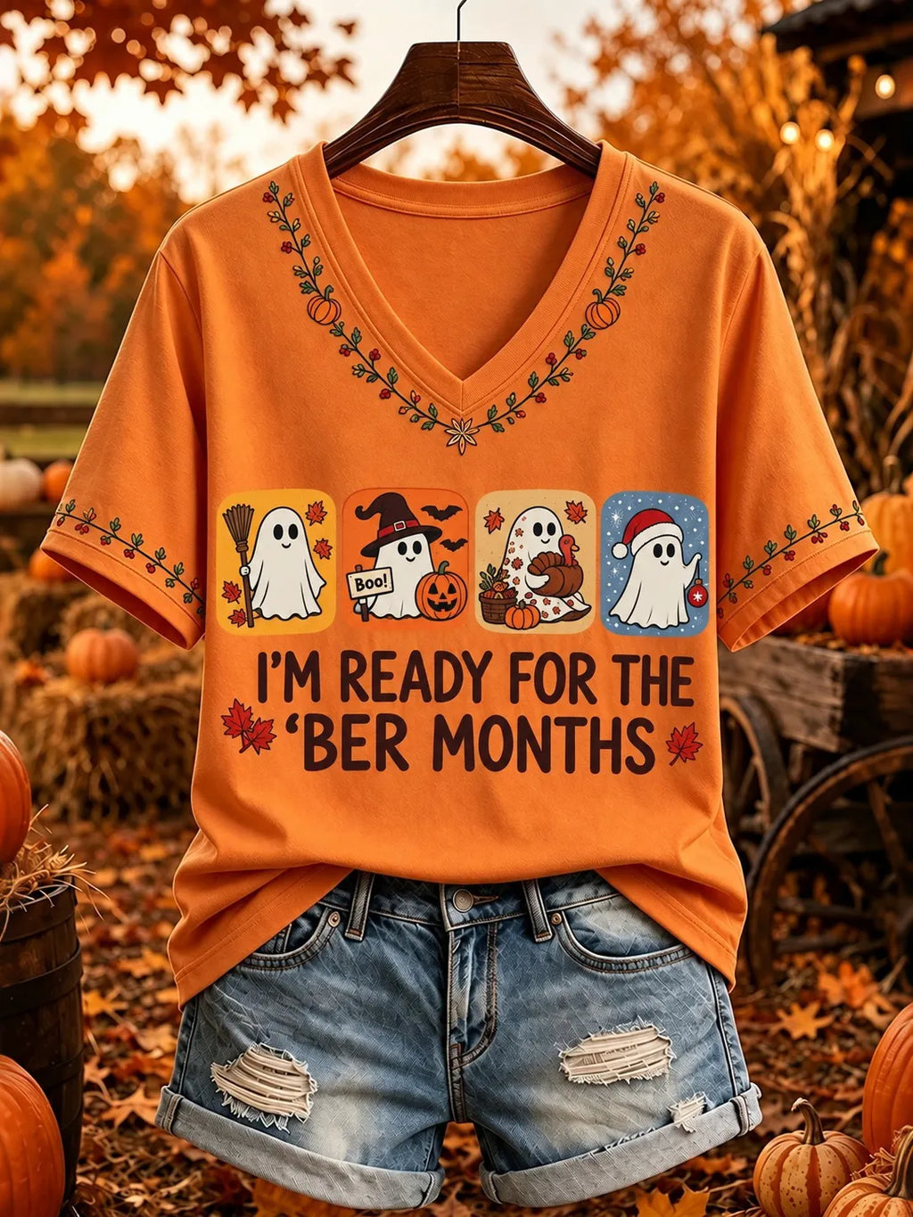 Women's I'm Ready For The 'ber Months Ghost Print V Neck Short Sleeve T-shirt