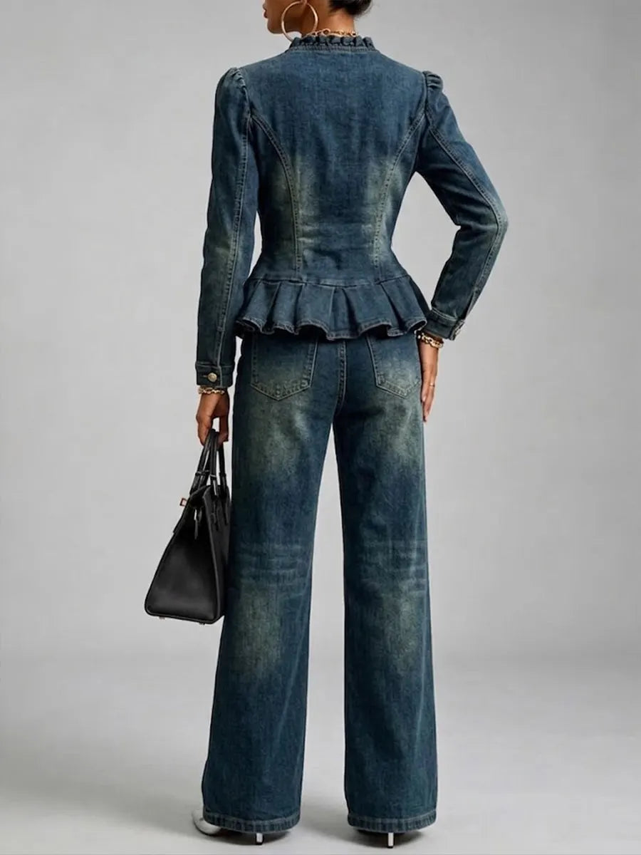 Vintage-style Ruffled Denim Top And Pants Two-piece Set