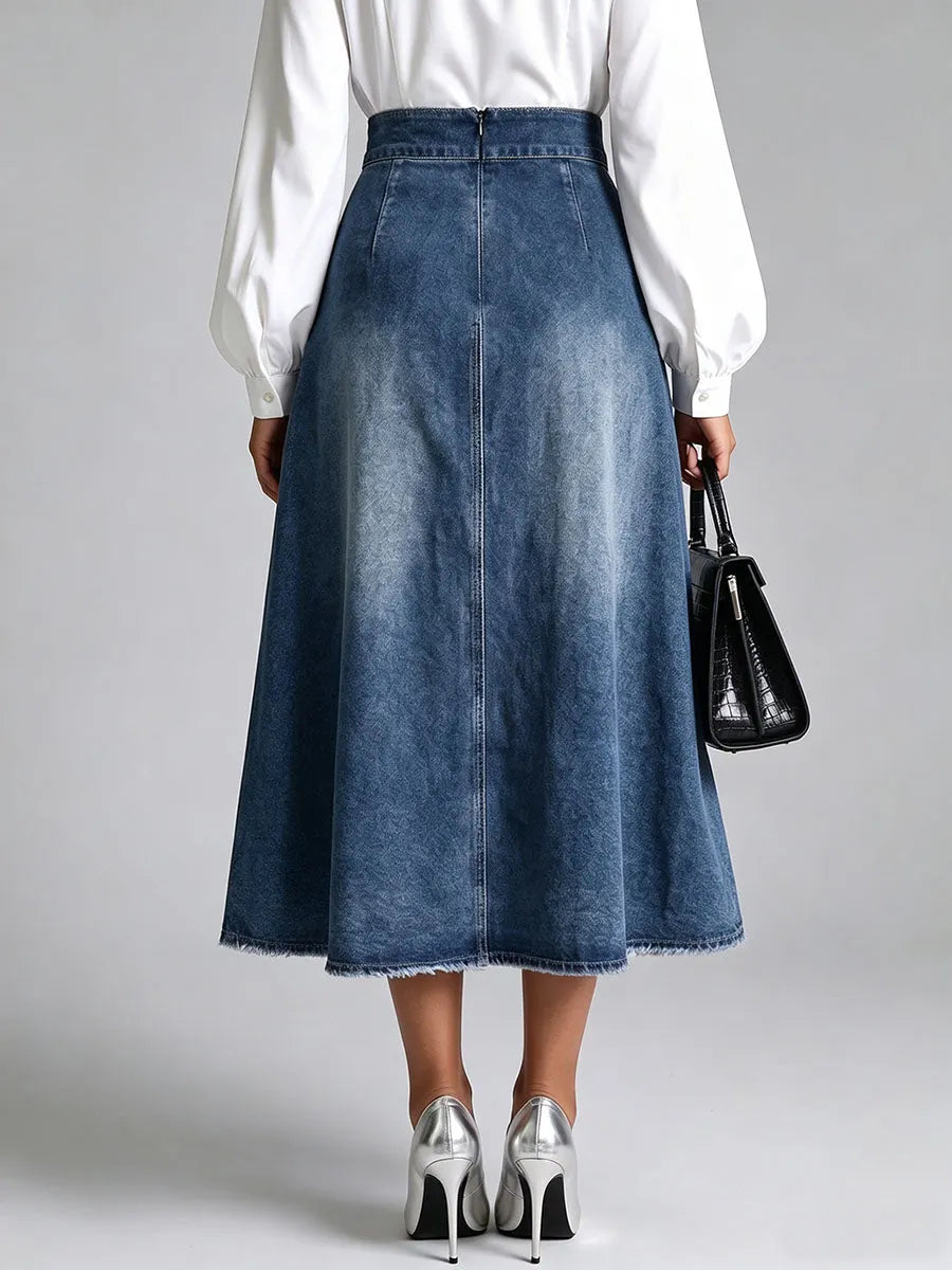 Women's High-waisted Casual Loose Denim Patchwork Lace Midi Skirt