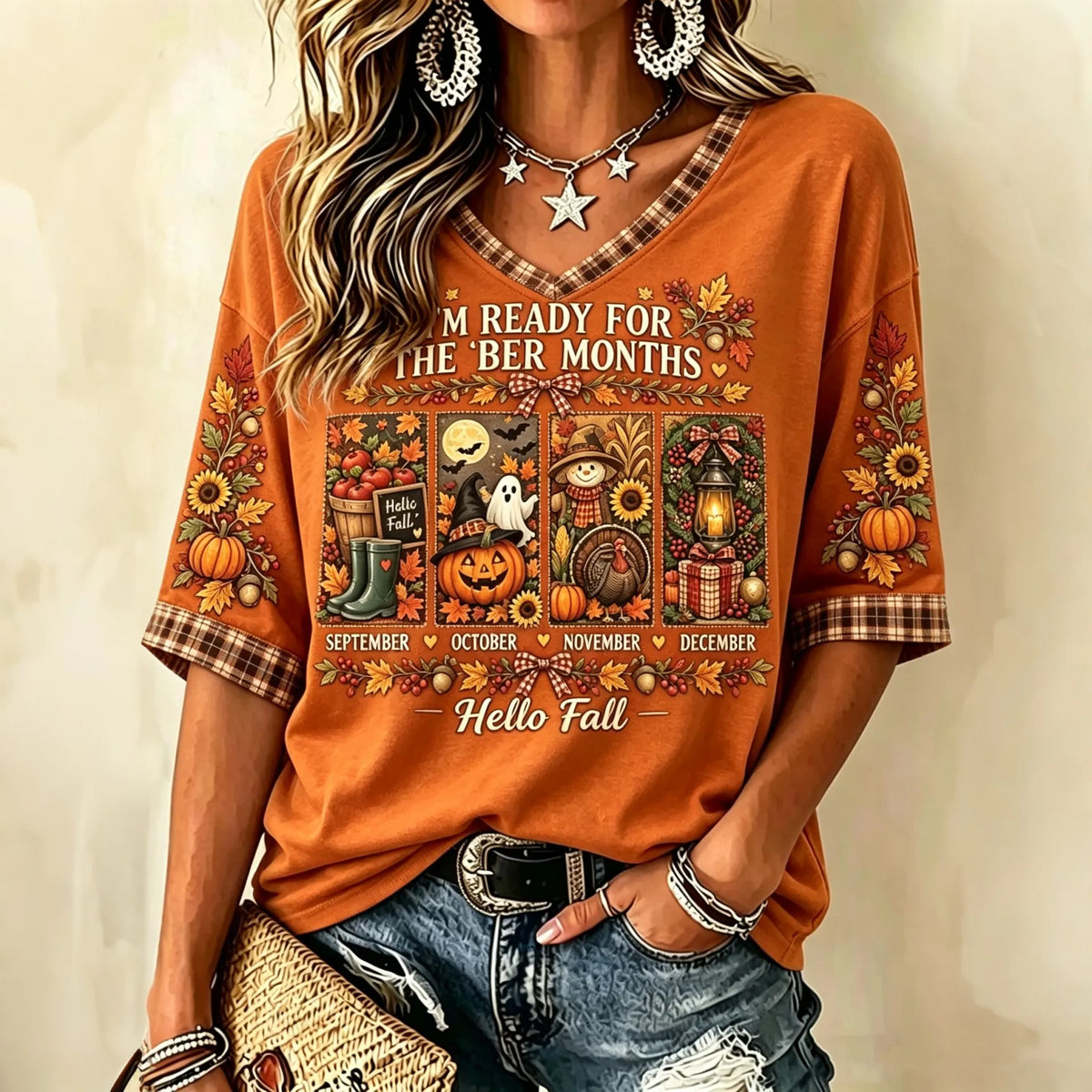 Women's Retro Vacation Autumn Plaid V-neck Short Sleeve T-shirt