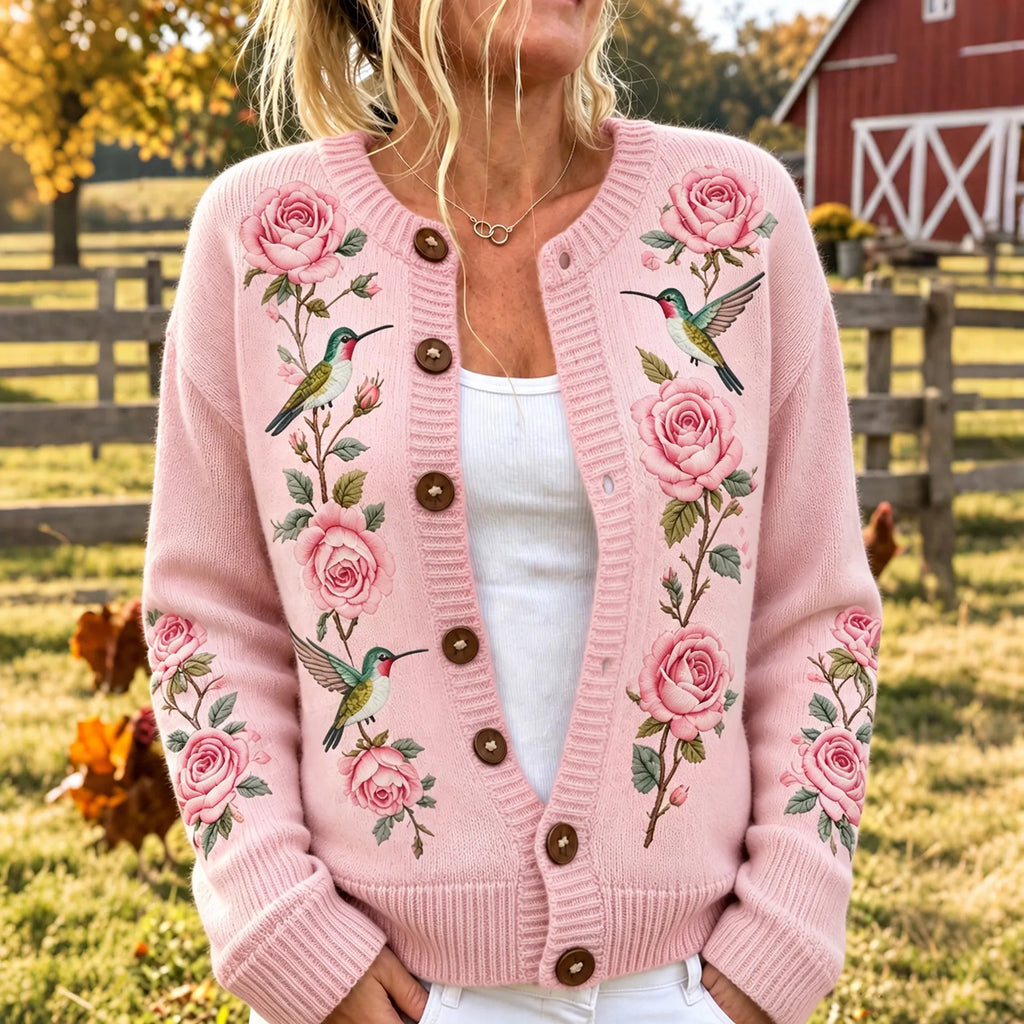 Women's Retro Rose Floral And Birds Pattern Art Casual Knit Cardigan