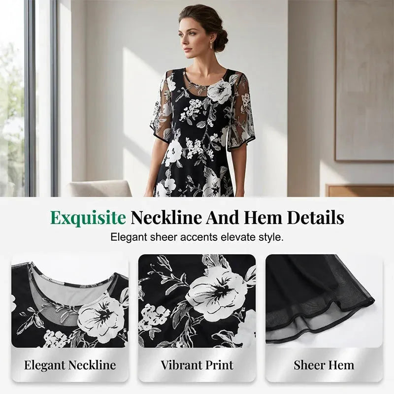 ✨ Women's A-Line Floral Dress — Double-Layer Chiffon, Elegant Print, Knee-Length Cut 👗