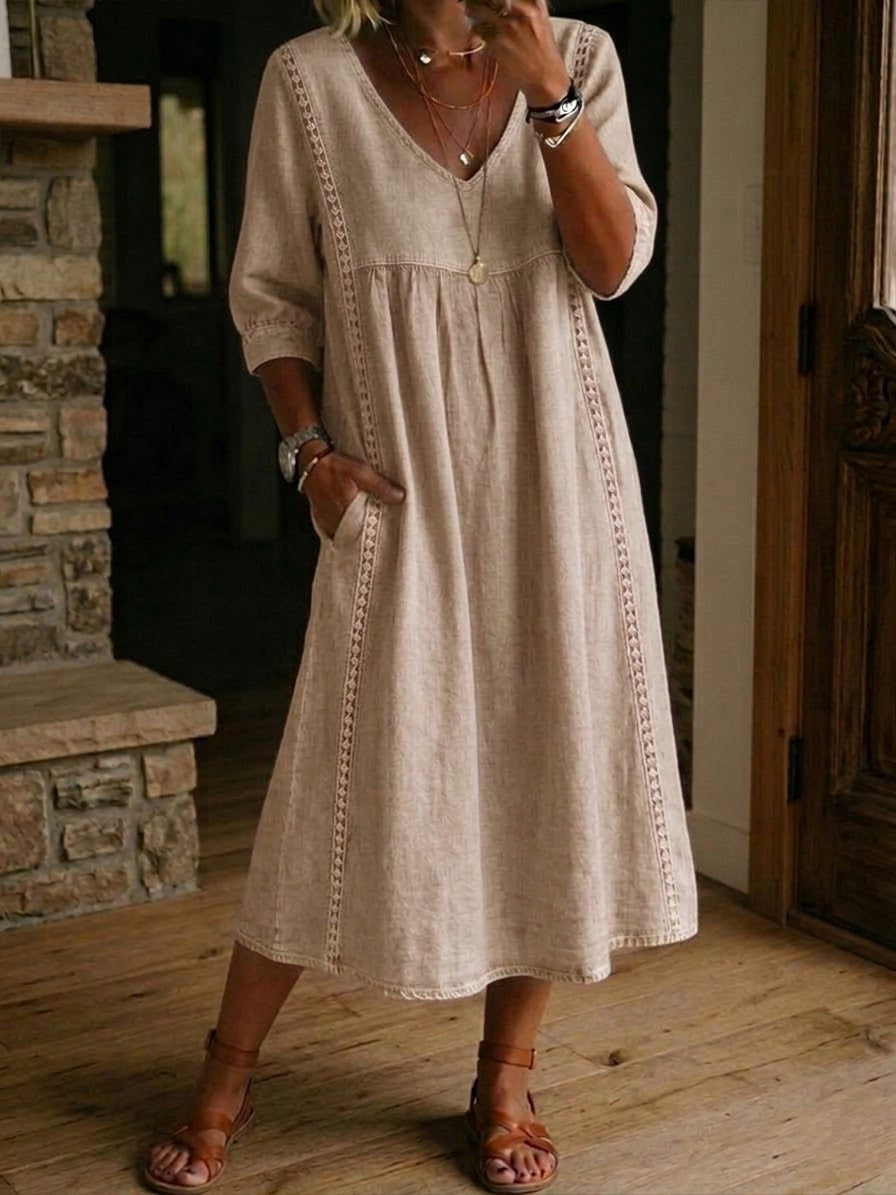 🔥LAST DAY SAVE 49% ⏰ Casual Loose-fitting Patchwork Lace Trim Linen And Cotton Dress