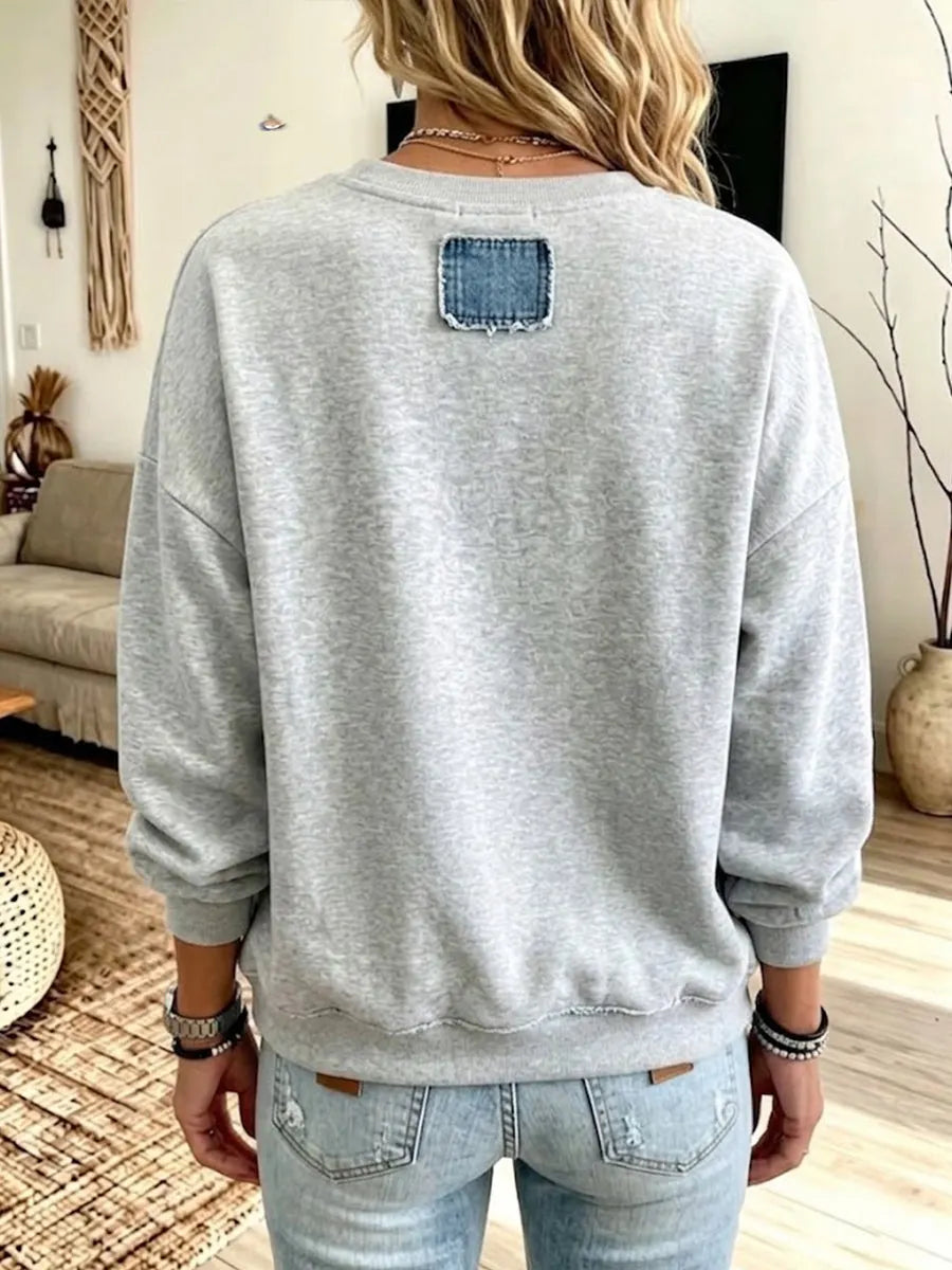 Relaxed-fit Casual Crew-neck Sweatshirt With Denim And Cotton Paneling