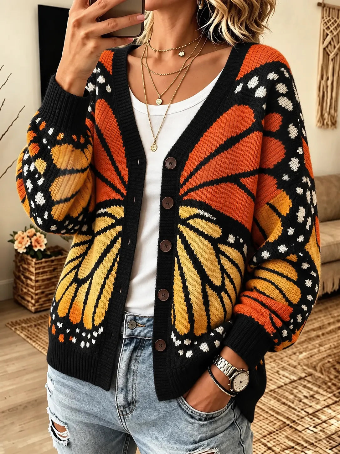 Women's Vintage Fall Butterfly Graphic Art Art Print Knit Cardigan