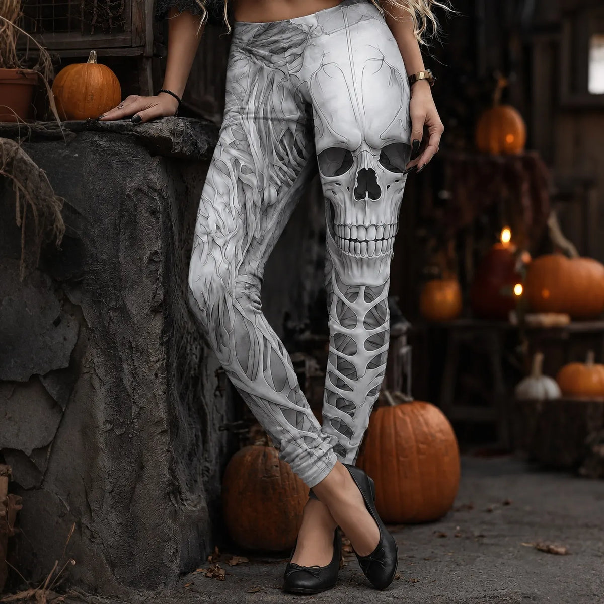 Women's Vintage Horror Skull Face Print Comfy Leggings