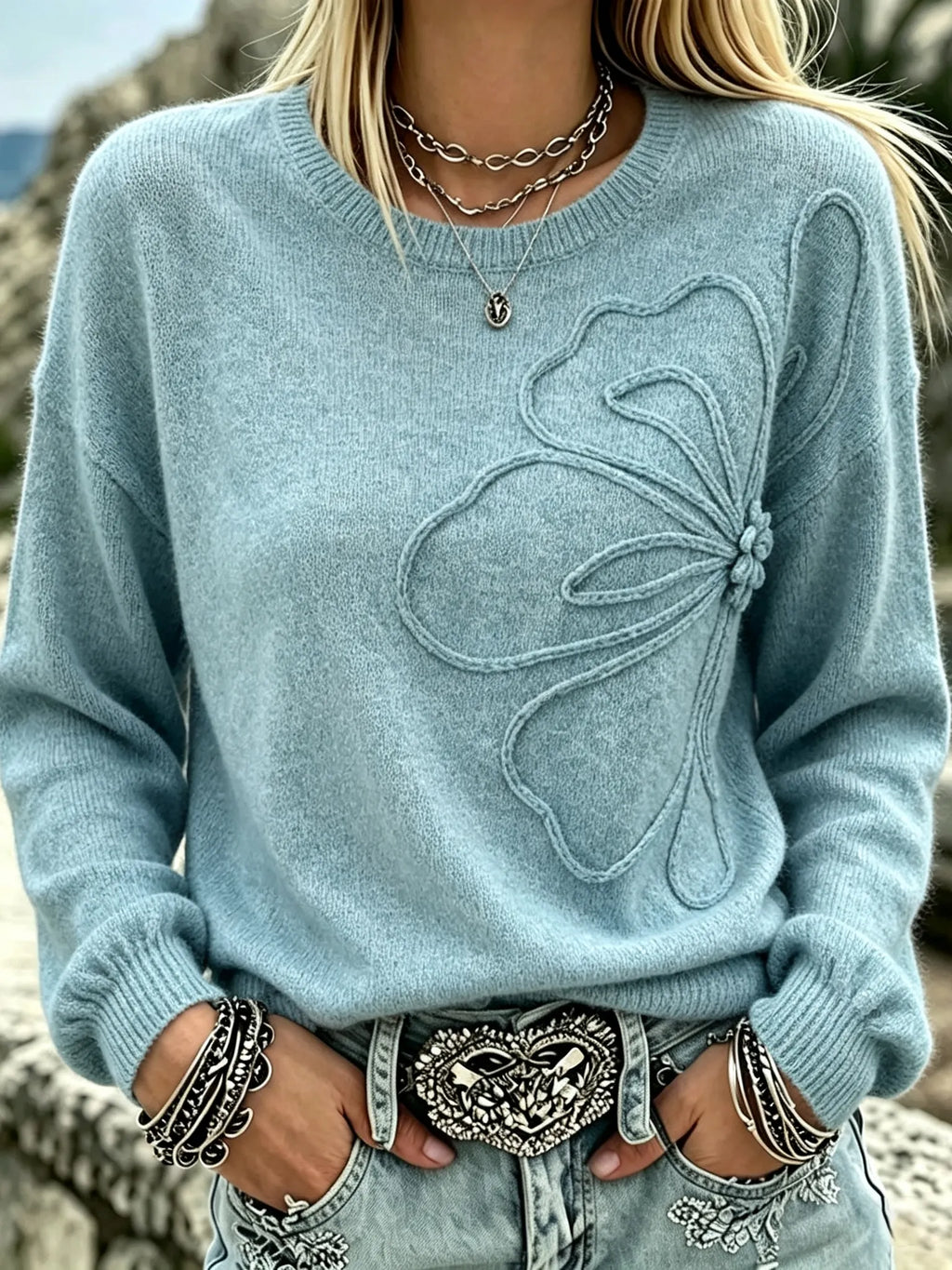 Women's Casual Floral Line Art Embroidery Knit Cozy Crew Neck Sweater