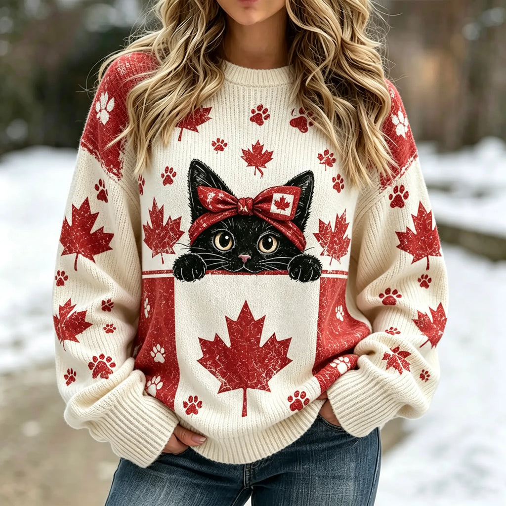 Women's Maple Leaf Black Cat Color Block Print Crew Neck Sweater