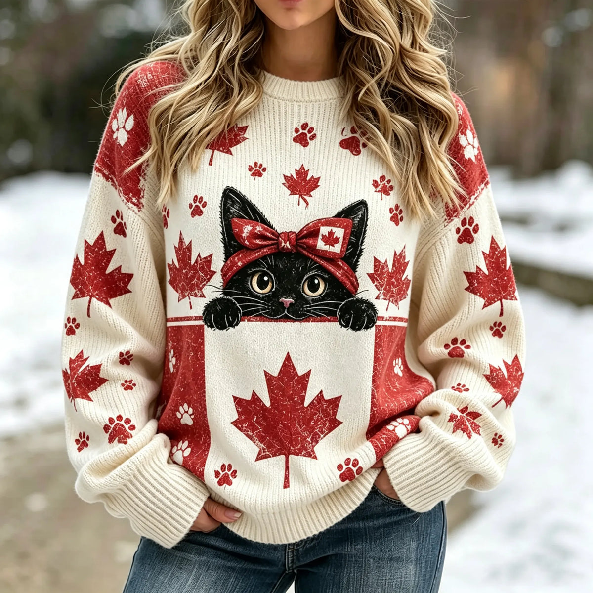 Women's Maple Leaf Black Cat Color Block Print Crew Neck Sweater