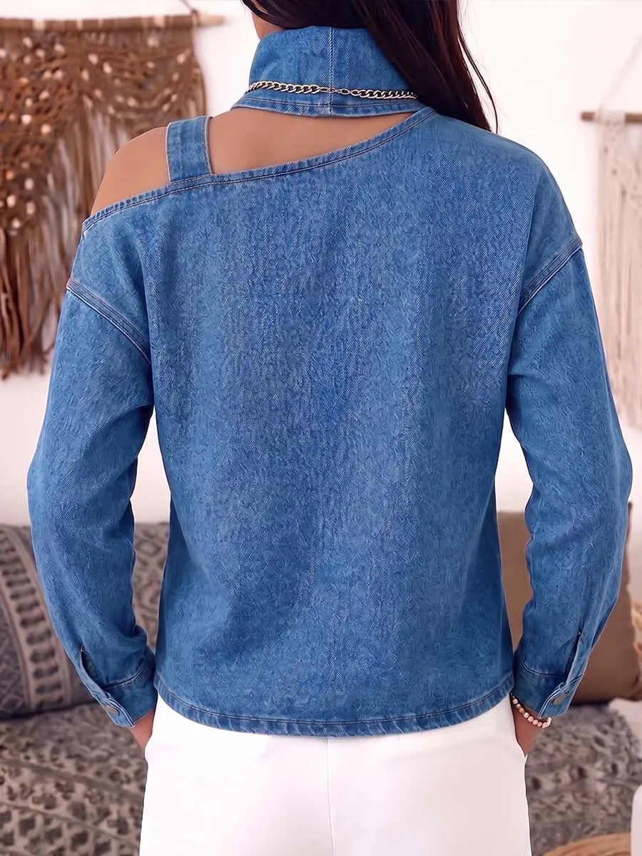 Women's Stand Collar Off-shoulder Long Sleeve Casual Loose Denim Top