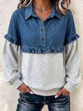 Denim Spliced Ruffle Half‑placket Sweatshirt