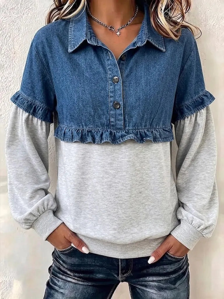 Denim Spliced Ruffle Half‑placket Sweatshirt
