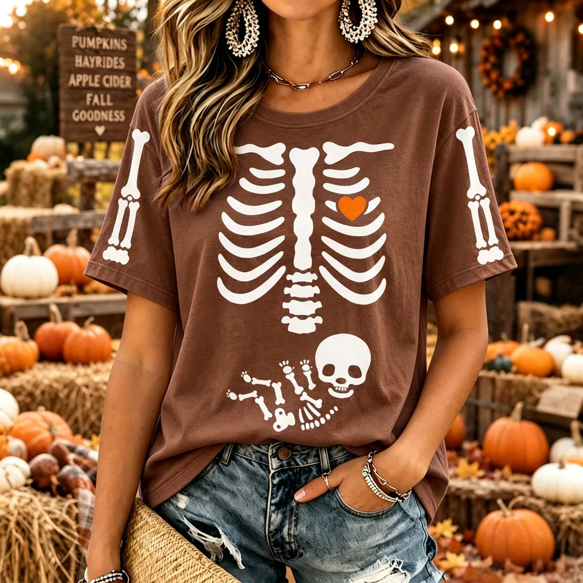 Women's Vintage Halloween Fall Heart In Skeleton Print Crew Neck Short Sleeve T-shirt