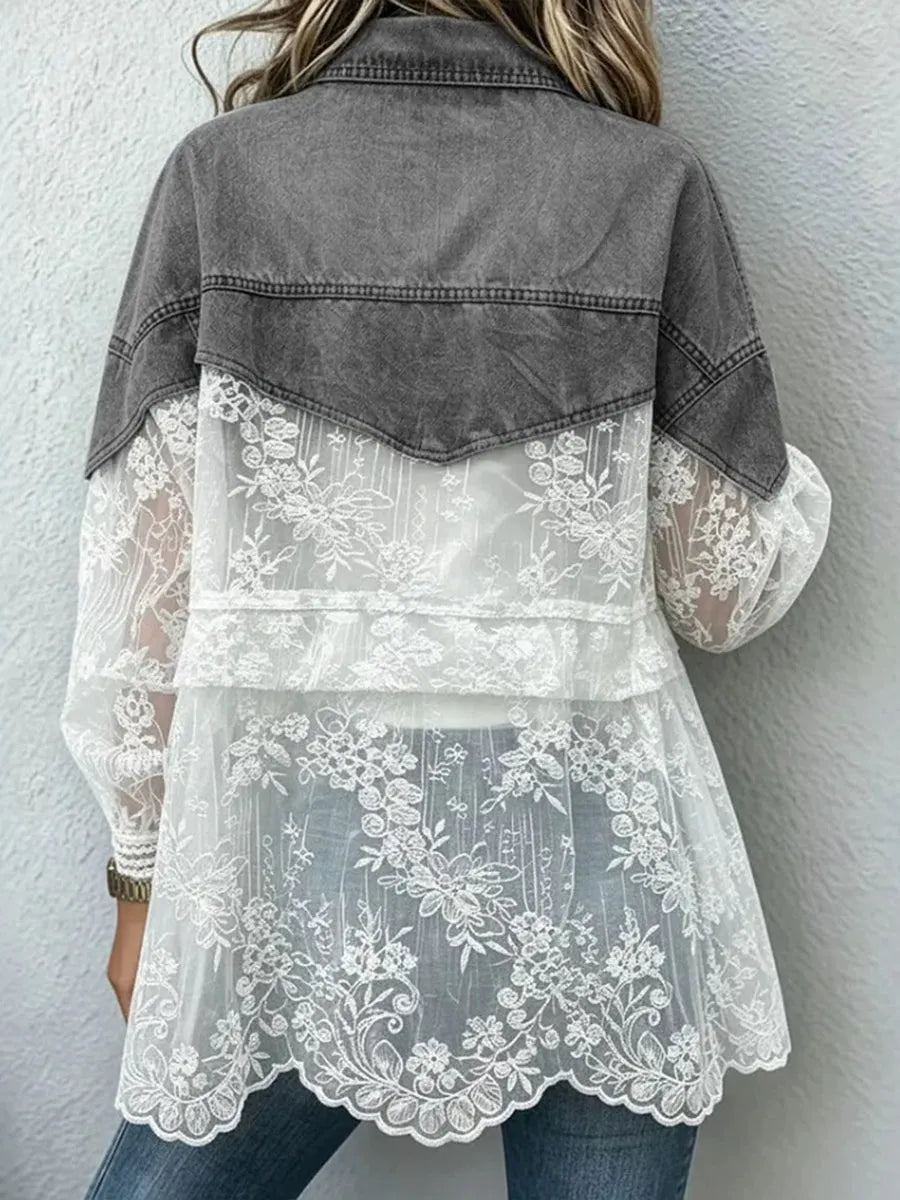 Casual Patchwork Lace Denim Jacket
